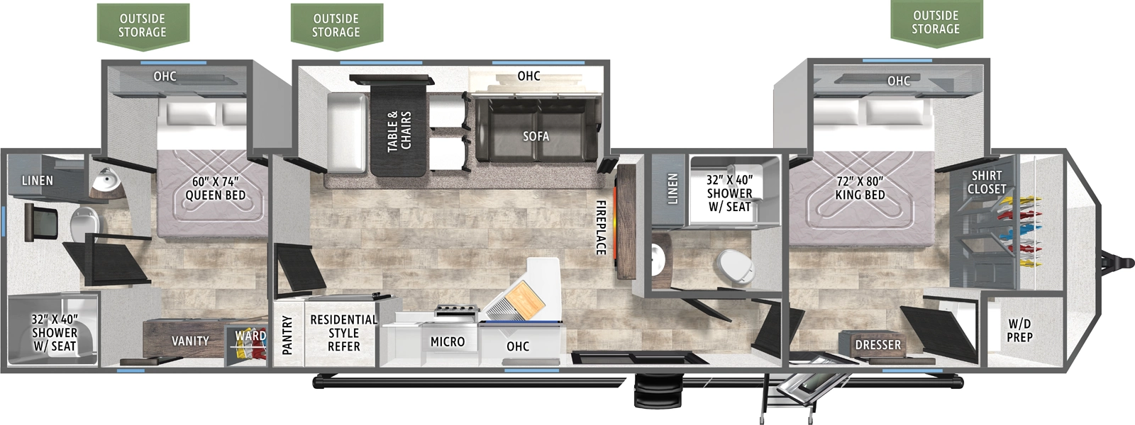 The Puma Destination 39DBT floorplan has two entries and three slide outs. Exterior features include: metal exterior and 21' awning. Interiors features include: front bedroom, two bedrooms, rear bathroom and two full bathrooms.